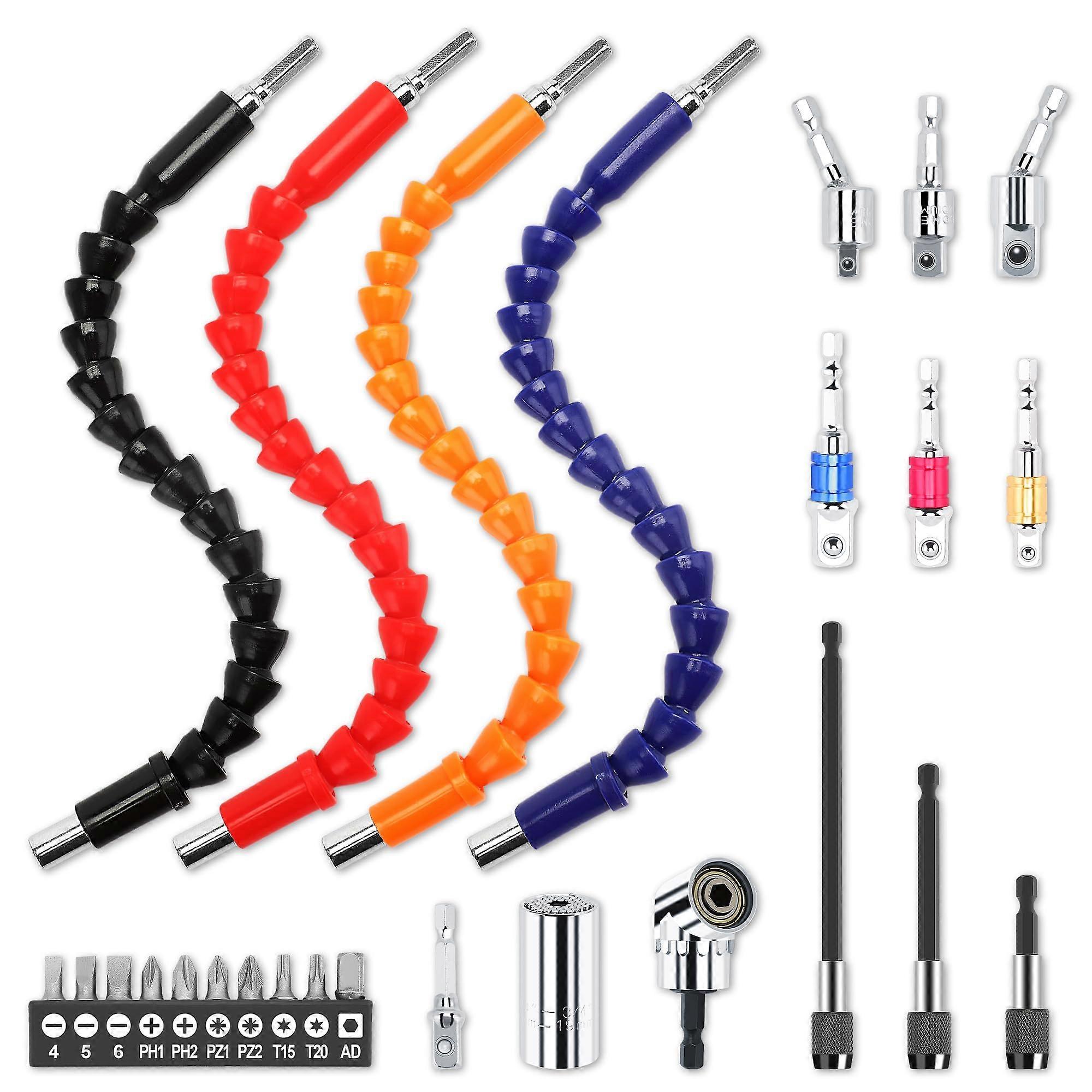 26Pcs Drill Bit Extension Set with 105° Right Angle Adapter, Bendable Shaft, Magnetic Socket Holders Ref:8659