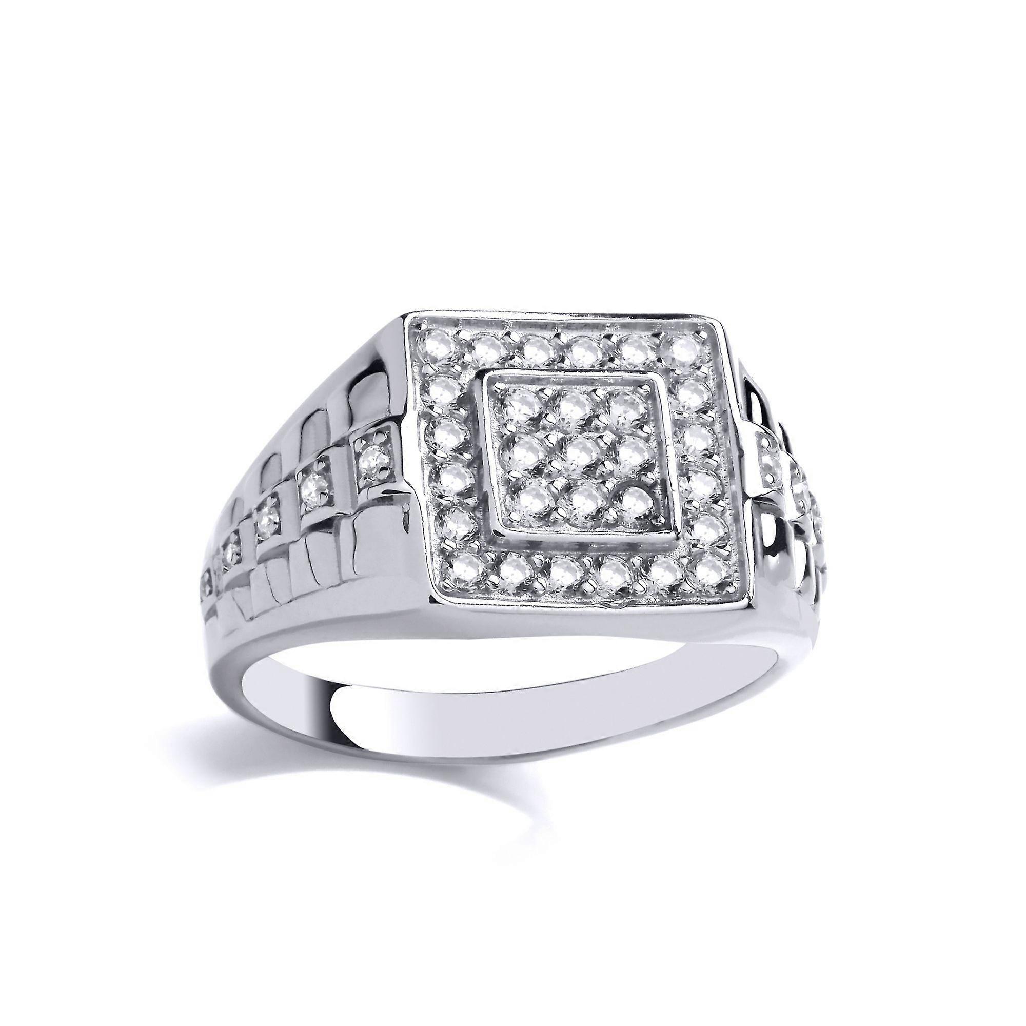 Jewelco London Mens Rhodium Plated Sterling Silver CZ Presidential Link Double Square Watch Strap Signet Ring