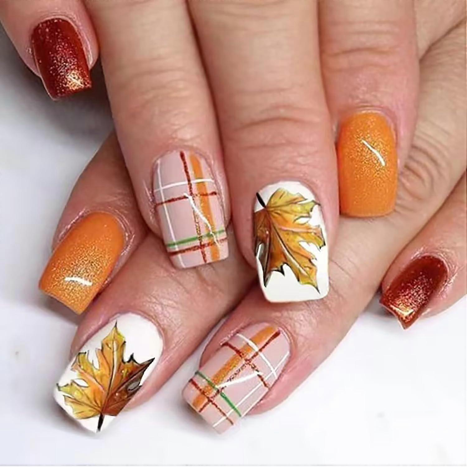 Maple Leaf Press on Nails Short Square Thanksgiving Fake Nails with Fall Checkered Glitter Design