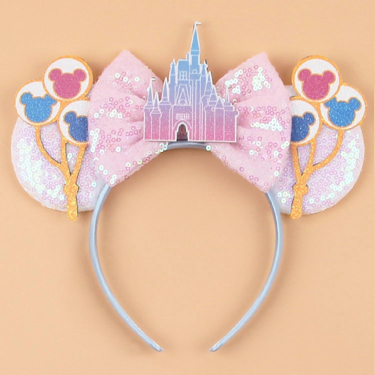 Blue Castle Balloon Mouse Ears Headband with Sparkling Sequin Bow for Theme Park Trips