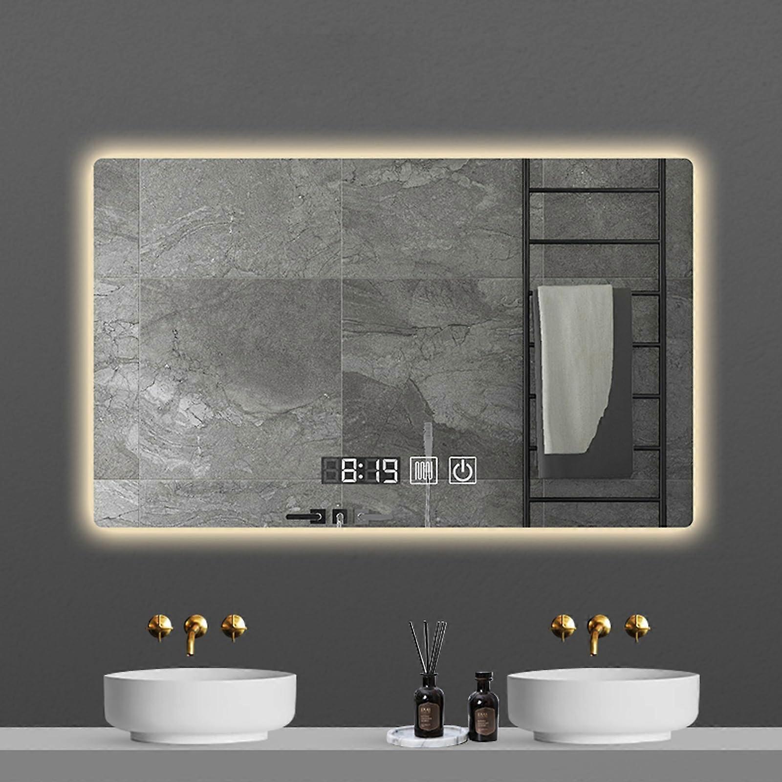 Square LED Bathroom Mirror with AntiFog, TriColour Dimmable Lights, Time and Temp Display