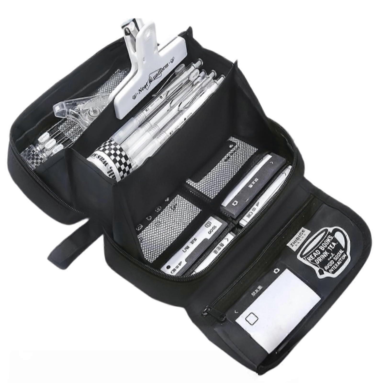 Large Capacity Black MultiLayer Pencil Case with Stationery Set for School and Office