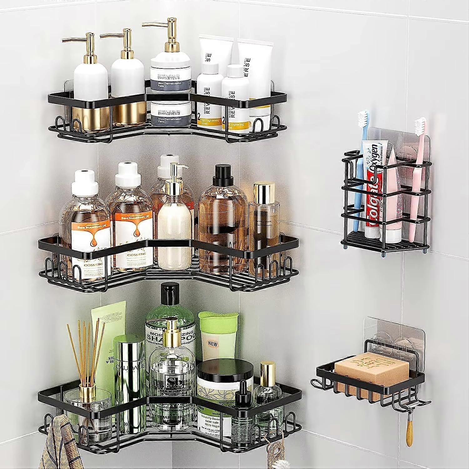 Rustproof Corner Shower Caddy with NoDrill Installation, Black Triangular Bathroom Storage Rack