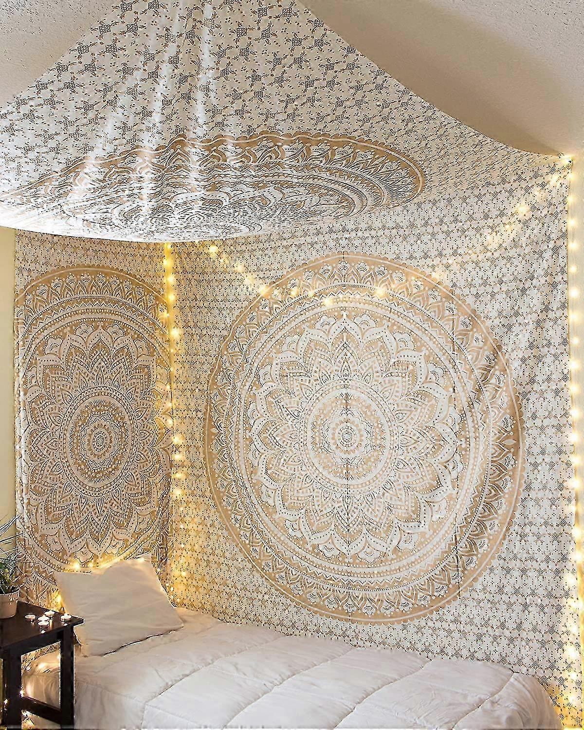 Tapeçaria Mandala Dourada para Parede 30x40 Polegadas Branca Estilo Boêmio