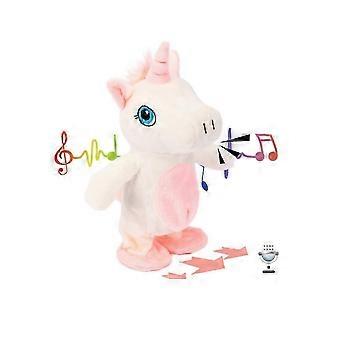 Unicórnio de pelúcia falante que repete a fala, anda e é interativo e animado, perfeito para crianças.