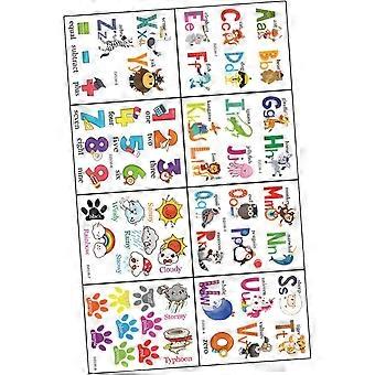 Adesivos de parede com letras do alfabeto para decoração de quarto infantil com tema de animais. Letras removíveis e números para decoração de paredes.