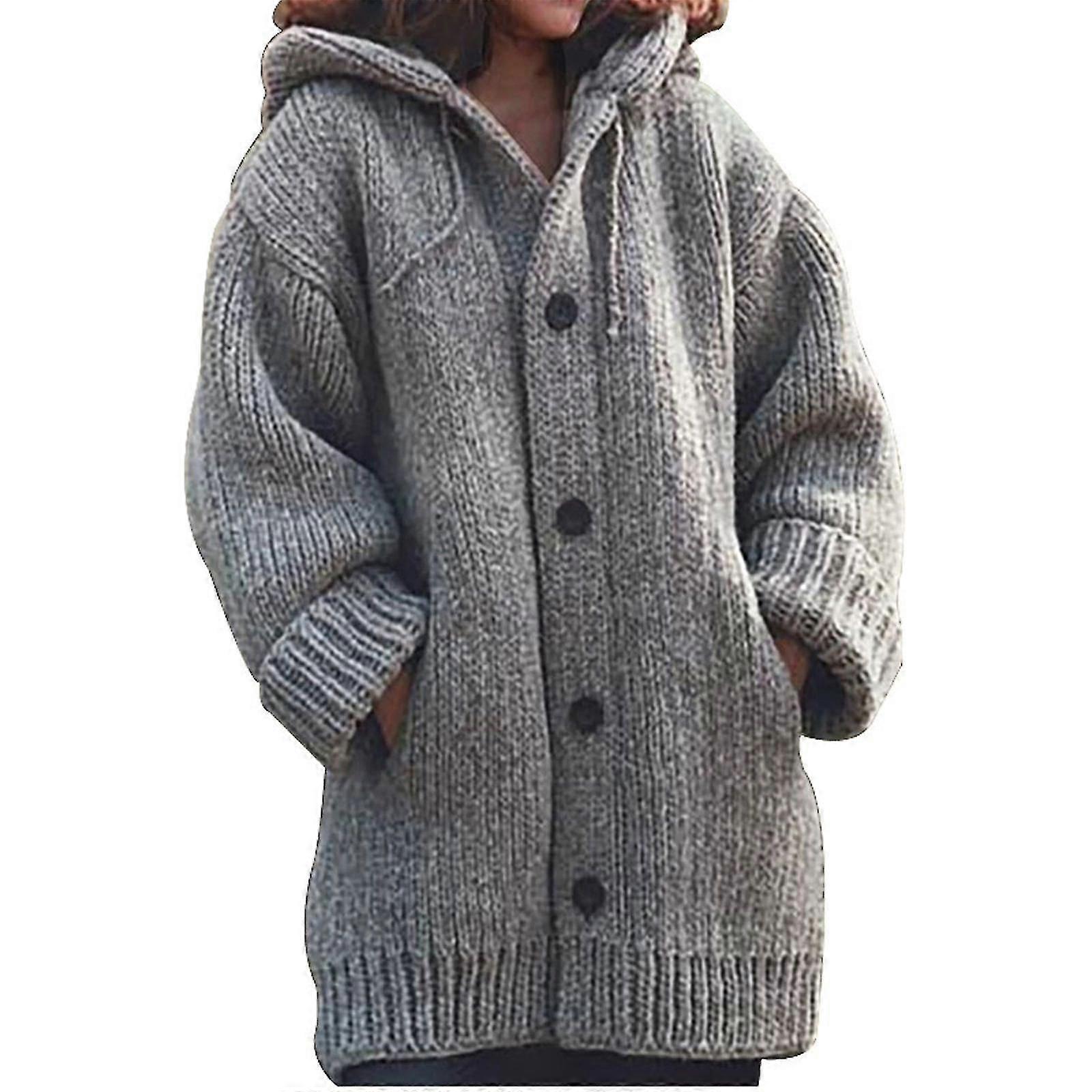 Frauen Kapuzen-Strickpullover Mittellang Button-Down-Pullover Wollmantel