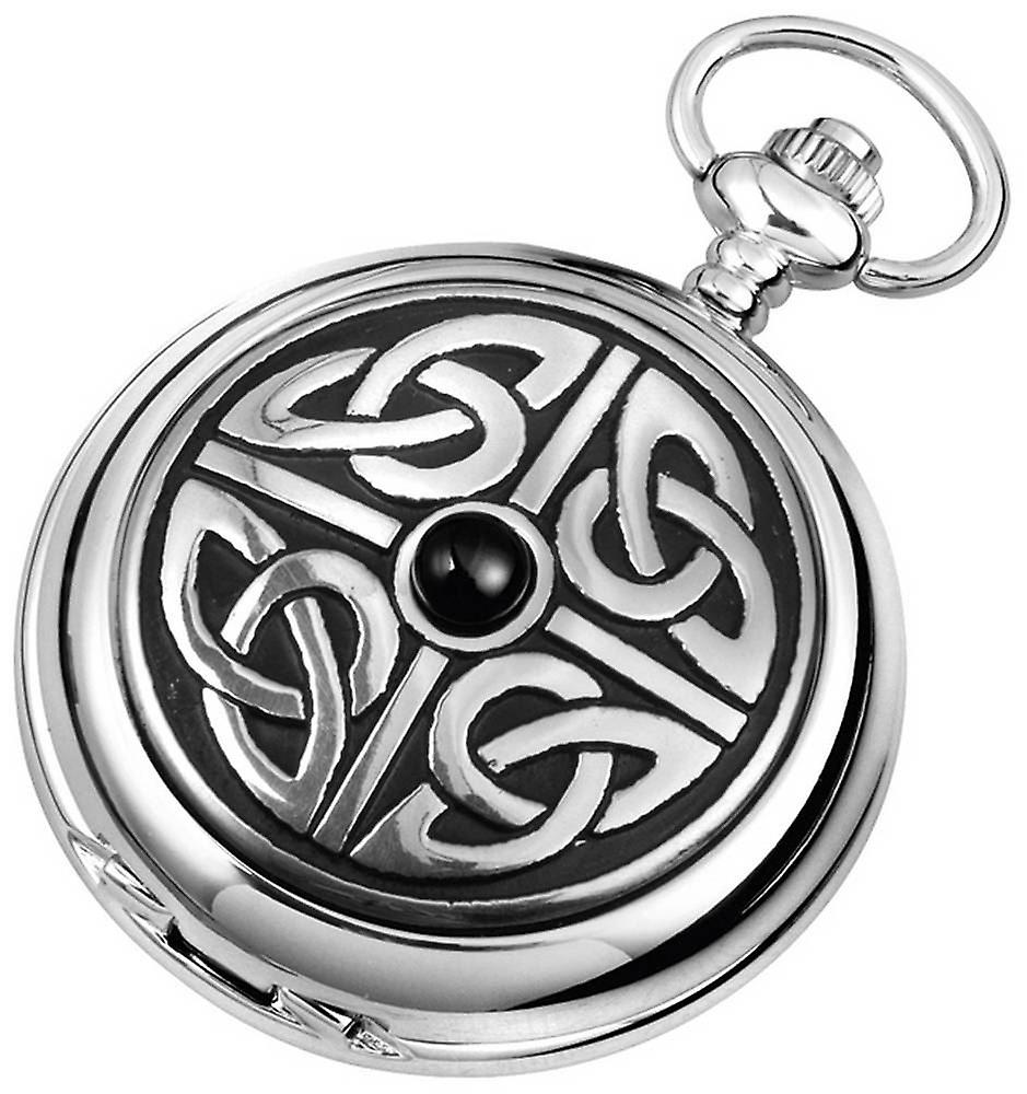 Woodford Celtic Knotwork Chrome Plated Double Full Hunter Skeleton Pocket Watch - Silver/Black