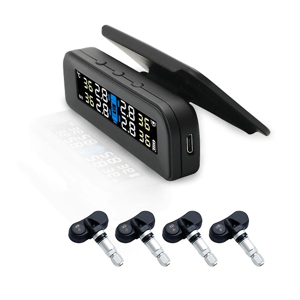 Tpms For Car Tire Pressure Alarm Monitor System 4 Sensors Display Solar Tyre Pressure With Anti-theft Nut Temperature Warning