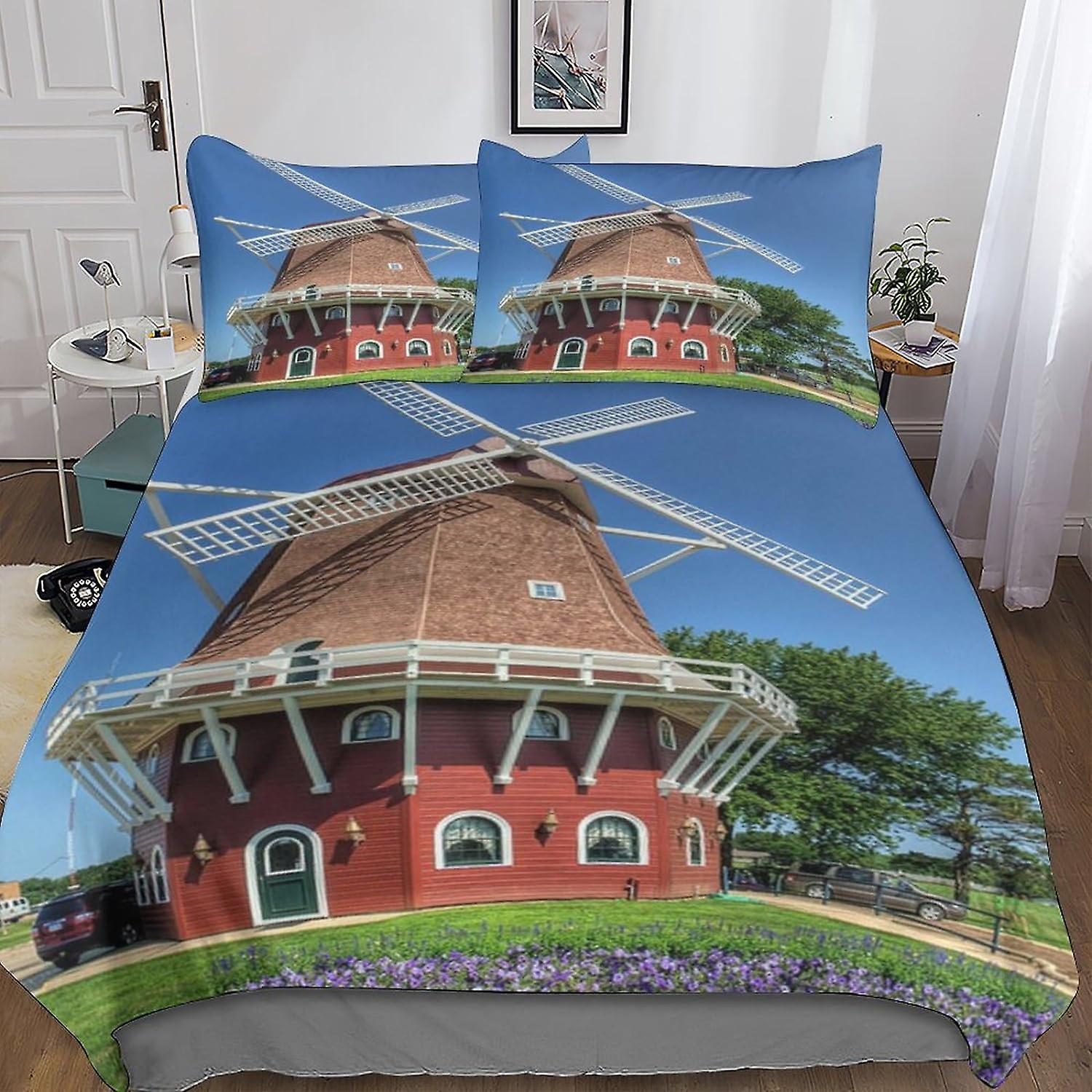 Windmill Comforter Duvet Cover 3D Beautiful Rustic Life Printed Bedding Set 3Pcs Quilt Cover with Zipper Closure for Teens And Adults