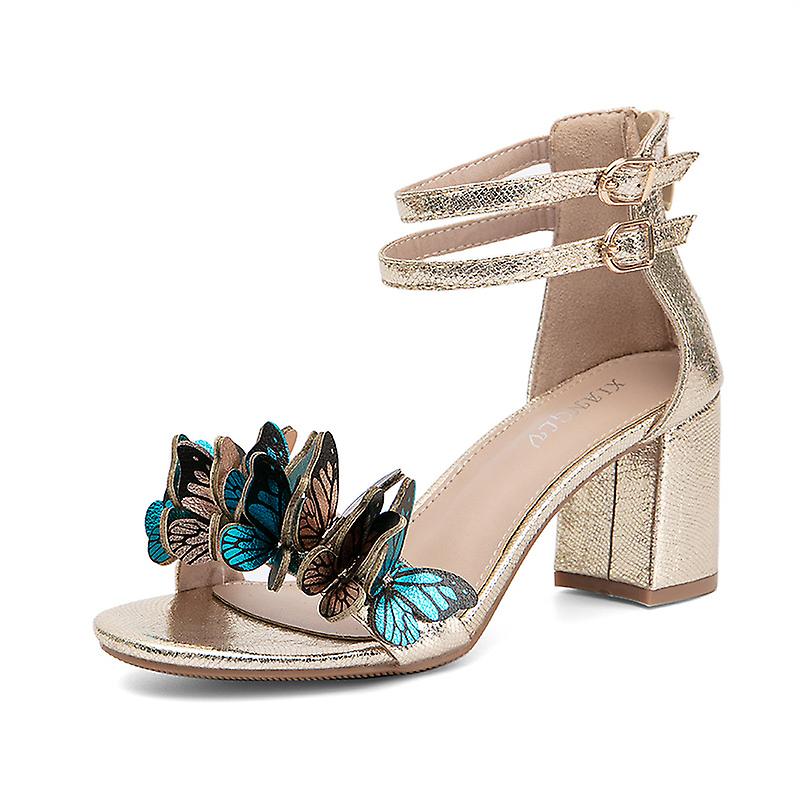 Women's Butterfly Heeled Sandals Square Open Toe Ankle Strap Block Heels Zipper Heels Shoes