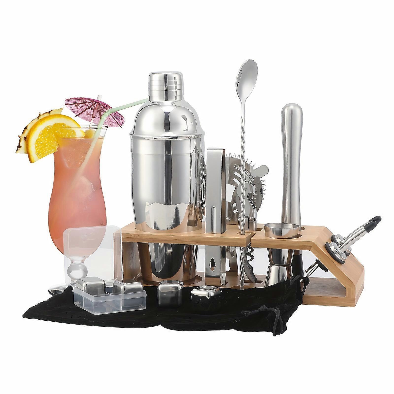 16pcs Cocktail Shaker Set With 4 Ice Stones, 16 Piece Bar Tool Set With With Stylish Bamboo Stand, Mixology Bartender Kit, Bar Accessories Bartending