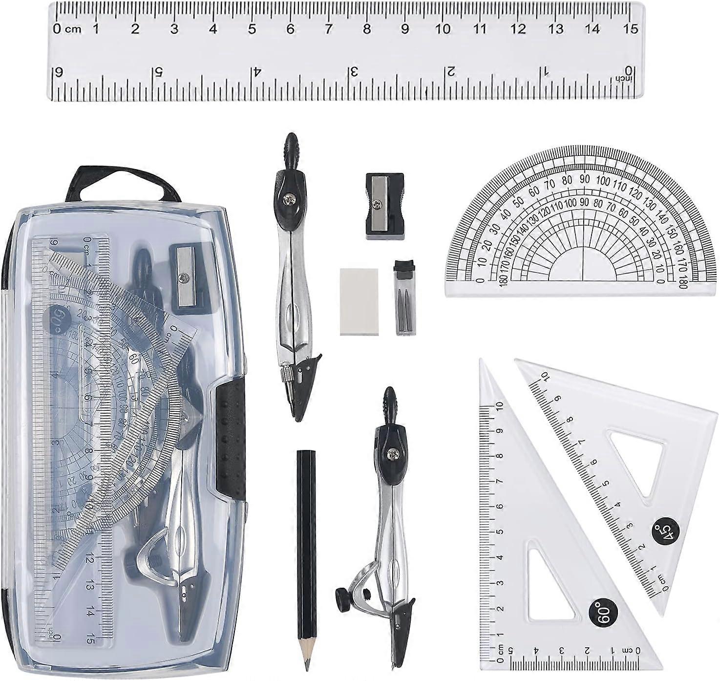 Geometry Set,10pcs Geometry Kit,Protractor Compass Pencil Ruler Pencil Lead Refills