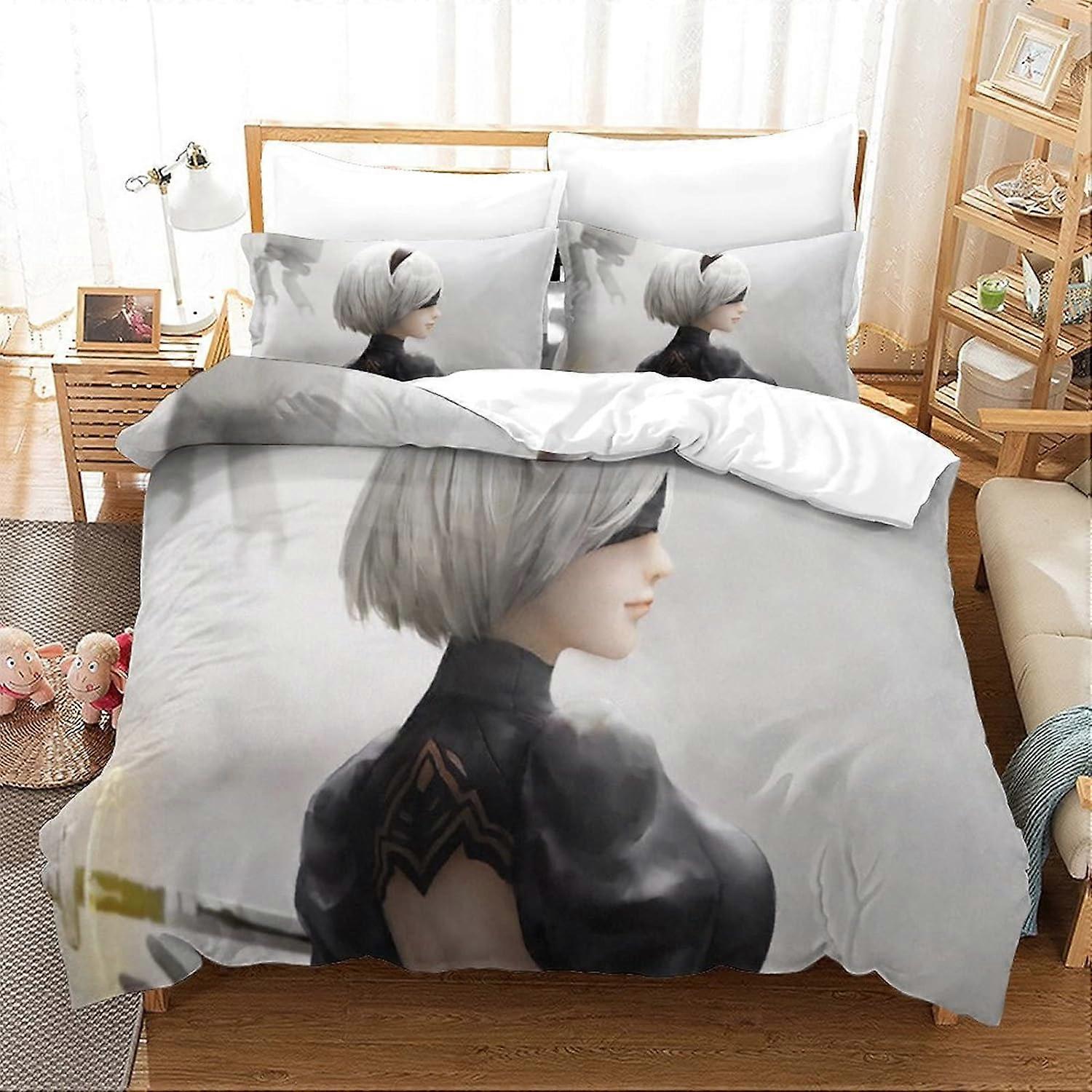 Nier Automata D Print Beddengoed Set Game Beddengoed Dekbedovertrek Set Yorha No Type B, Microvezel Dekbedovertrek Sets, Zacht en Comfortabel King 135*200 CM