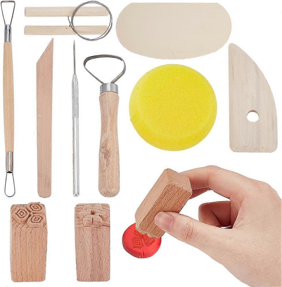 Pottery Stamps Clay Tools Polymer Clay Tool Including Sculpture Tool Wire Cutter Scraper Hole Punch Awl Dust Cleaning Sponge with 2Pcs Wooden Stamps C