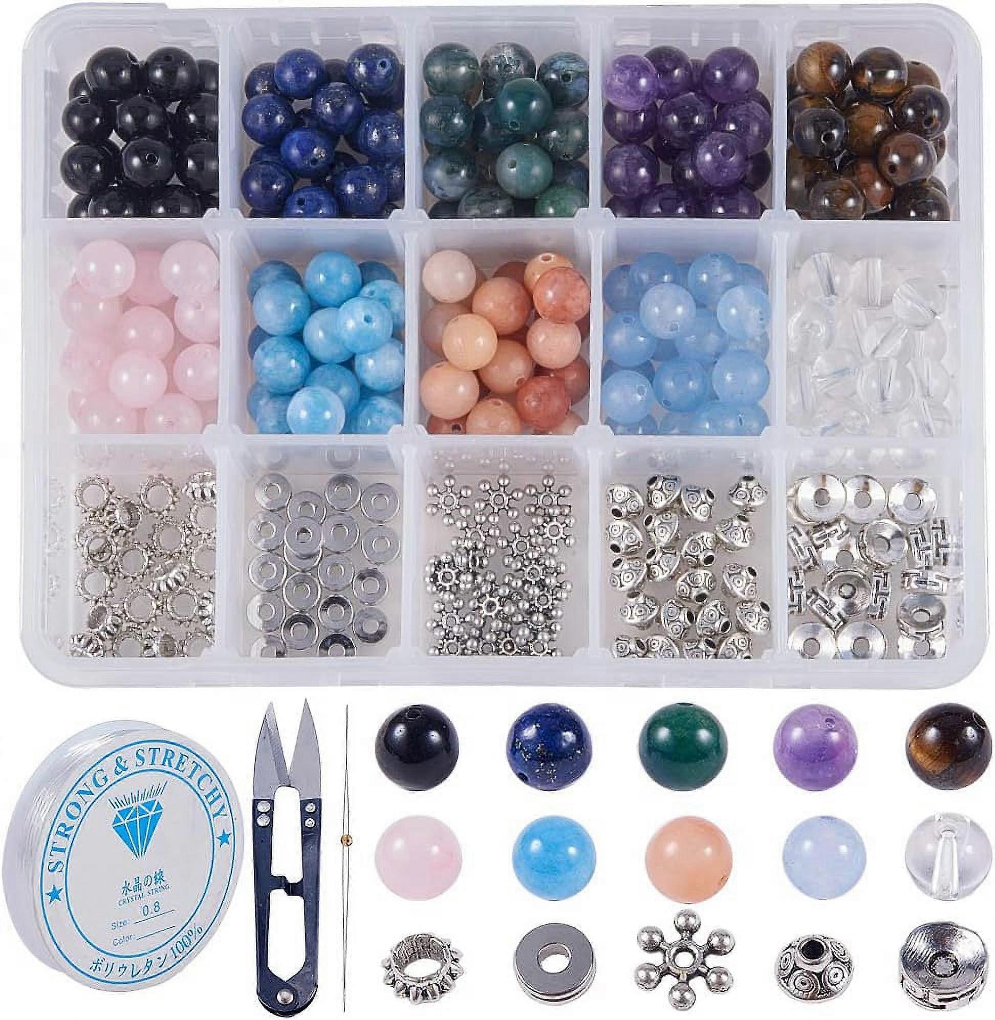 200Pcs 10Styles Gemstone Round Loose Beads with 100Pcs 5Styles Bicone Spacer Beads Beading Needles Scissors Crystal Thread