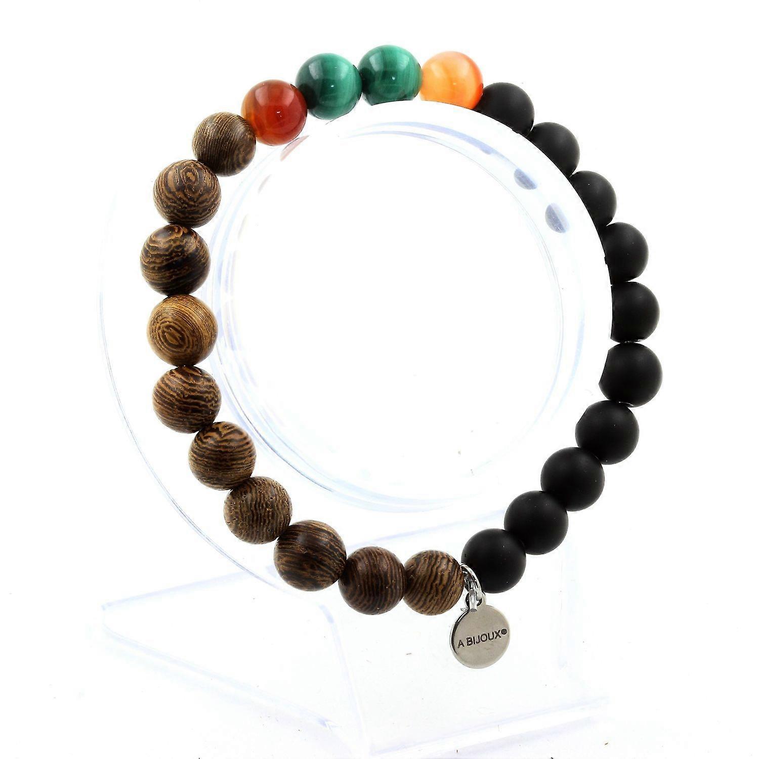 Congo Malachite Beads Bracelet + Banded Agate + Matte Black Onyx + Wood 8 mm