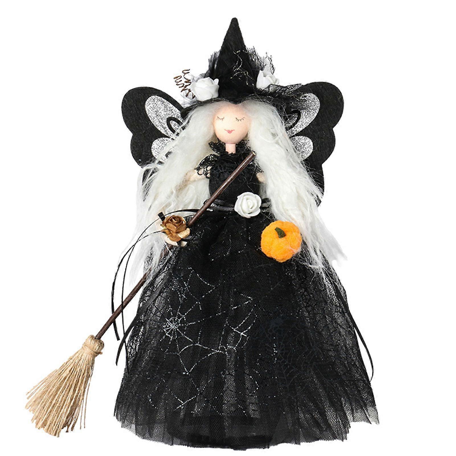 Cartoon Witch Doll Holiday Decor with Brooms-Wings Personalized Desktop Ornament for Home Party Decor