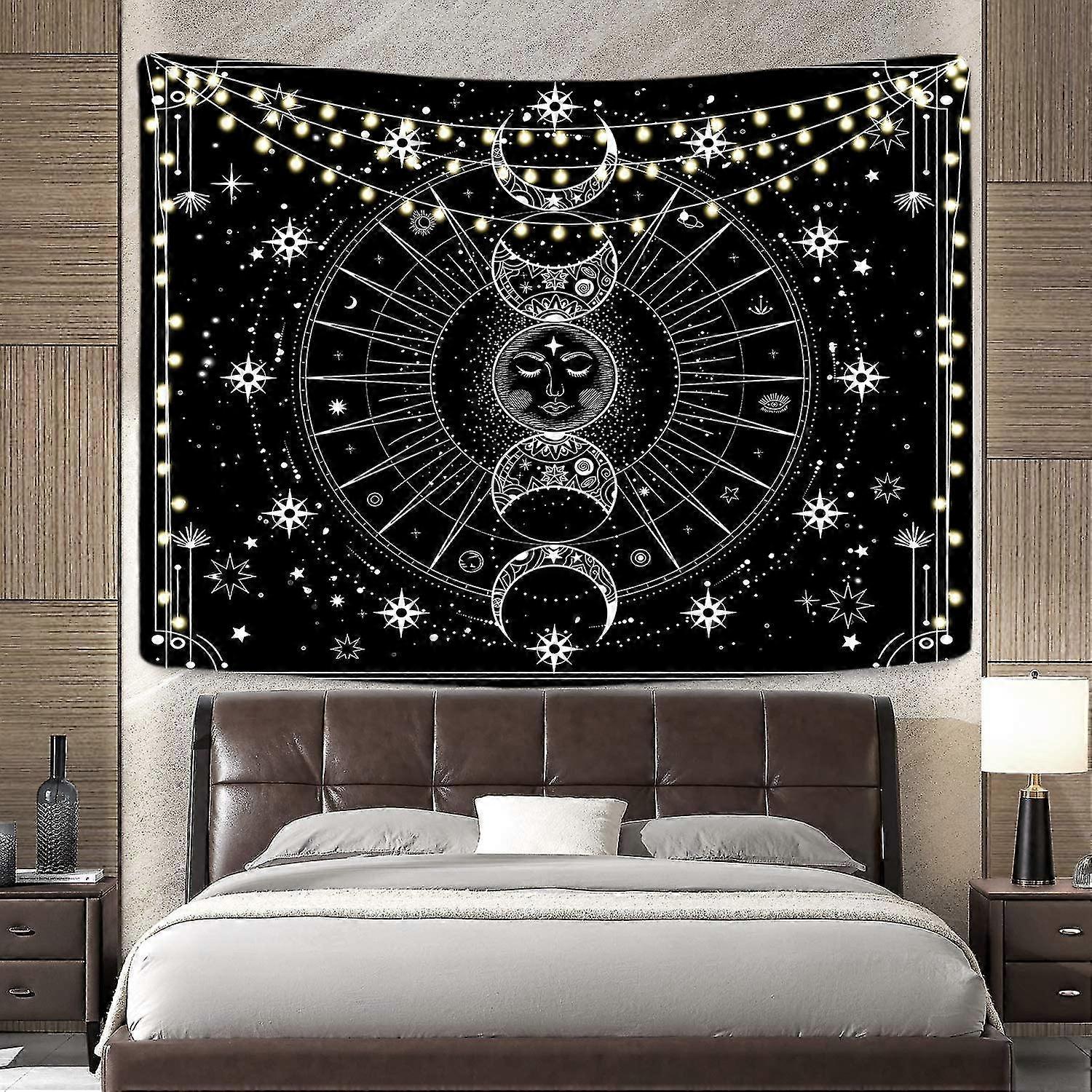 Sun Moon Tapestry Wall Hanging Sun With Stars Space Psychedelic Black And White Wall Tapestry