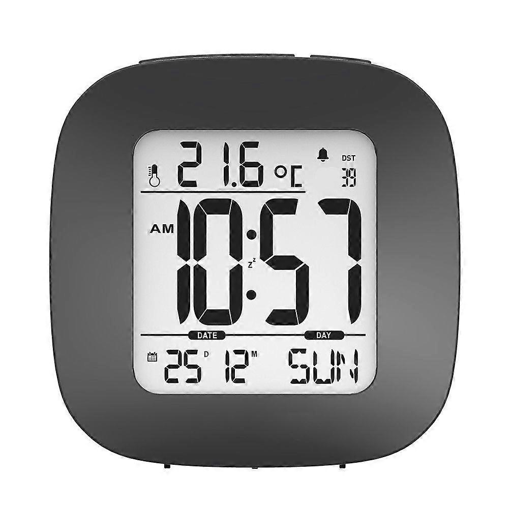 Compact Alarm Clock with Temperature & Date, Black - Large, Easy
