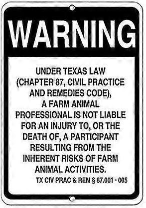 Sinais de Trânsito 8x12 Polegadas OU 12x16 Polegadas Texas Law Farm Animal Professional Not Liability Injury Death Tin