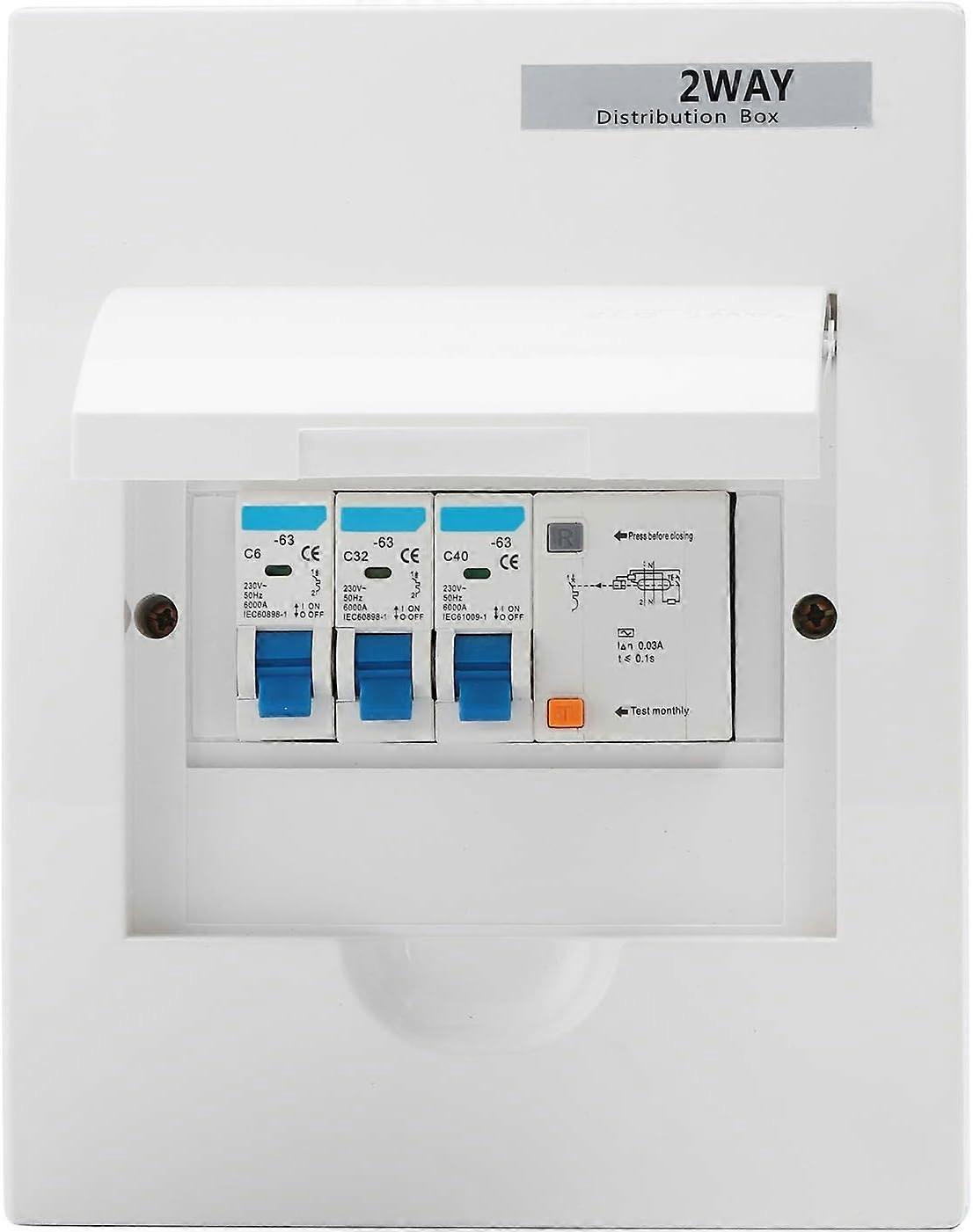 2Way Circuit Breaker EnglishStyle Waterproof Plastic Distribution Protection Box Consumer Unit with BuiltIn Copper Terminal 40A 30mA RCD + 2MCB6A+32A)