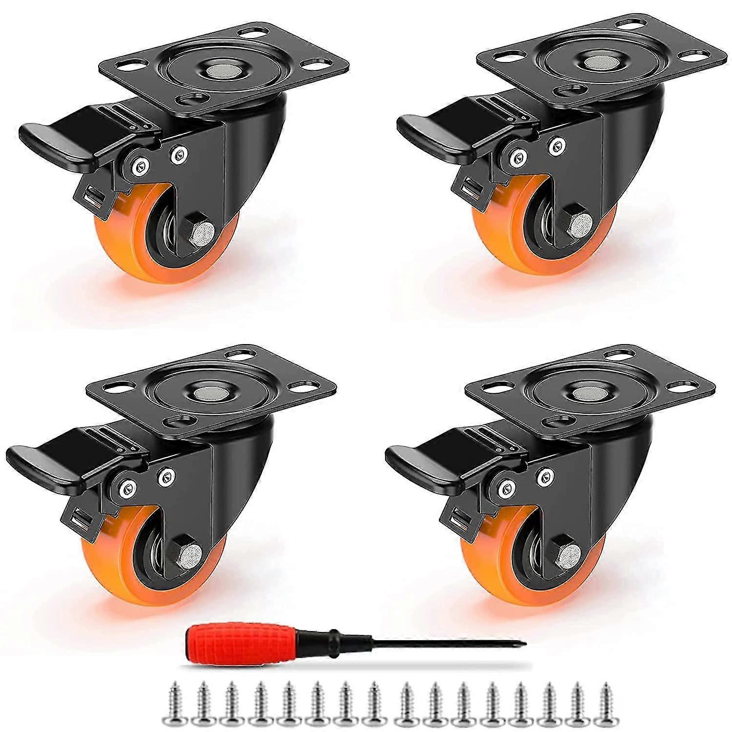40mm Furniture Casters, Double Locking Swivel Casters With 360 Degree Rotation, 4-piece Quiet Locking No-mark Castor Set With Screws (orange)-QJWL