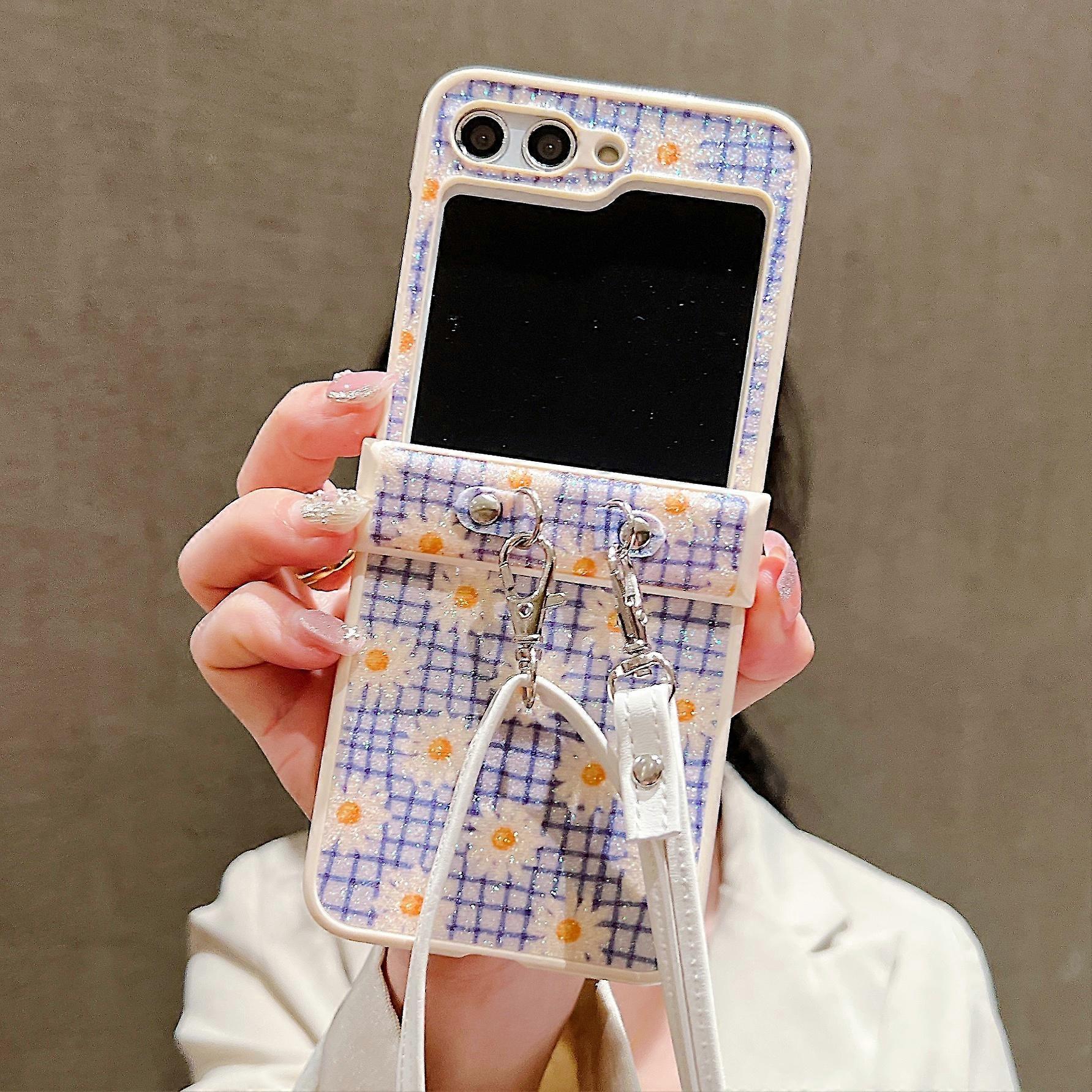 For Samsung Galaxy Z Flip 6 case, adjustable slant strap case, Stylish Little Daisy case, diamond checker folding case, hinge protection