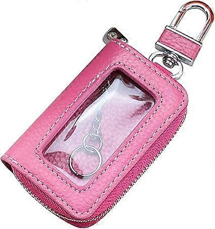 Car keychain bag (rose red), cowhide keychain wallet keychain lychee pattern transparent window keychain wallet