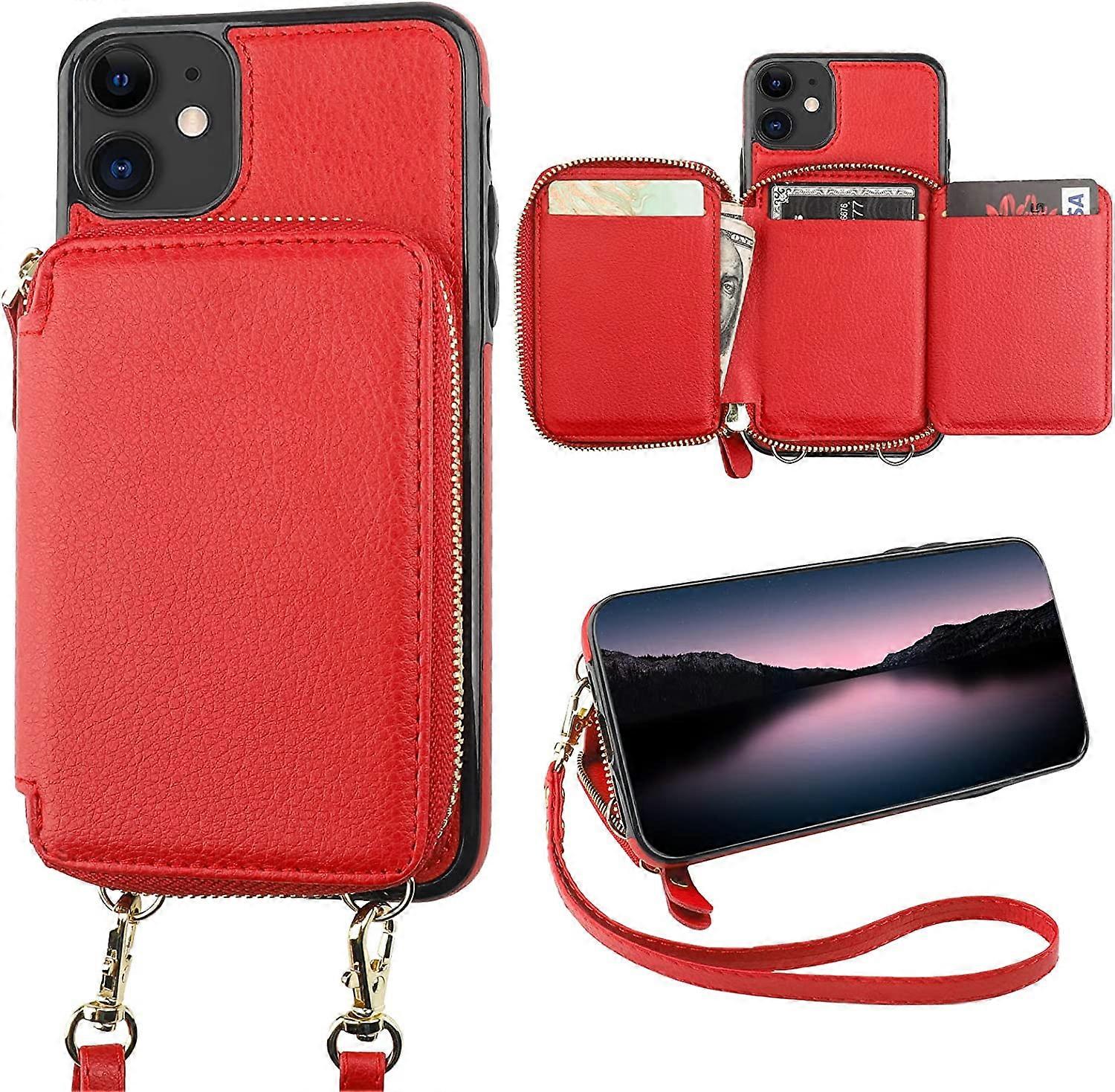 RFID Blocking Wallet Case for iPhone 11, Adjustable Crossbody Zipper Purse Case Card Holder with Kickstand Detachable Wrist Strap, PU Leather Flip Fol