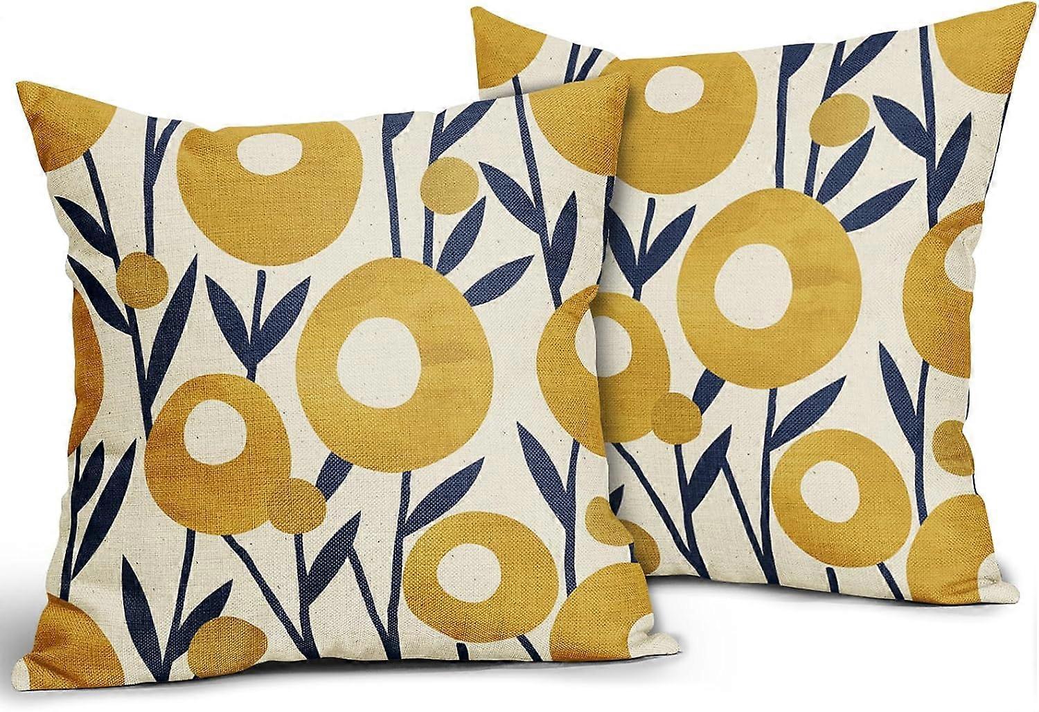 Navy Blue Yellow Floral Pillow Covers 18x18 Set of Spring Boho