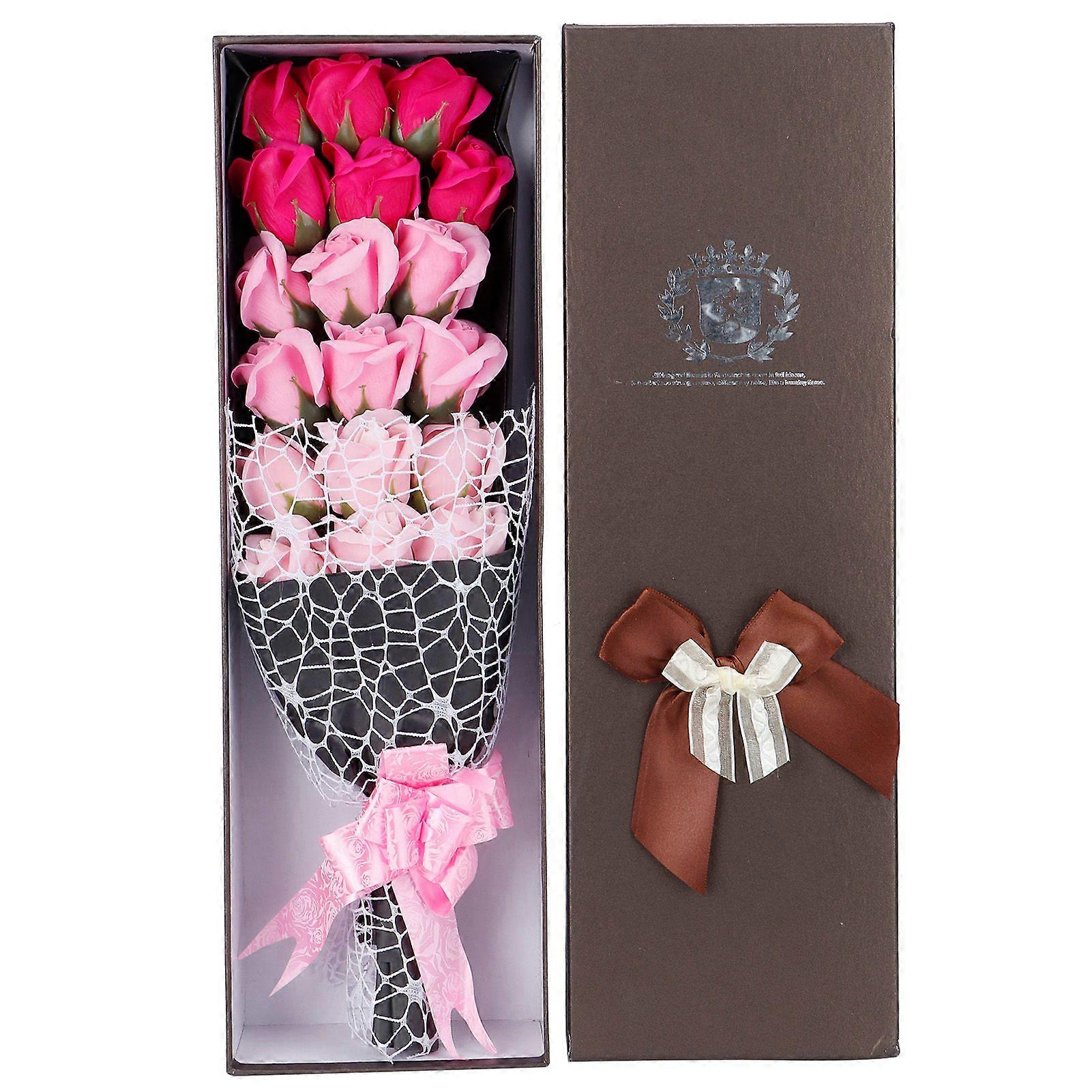 Artificial Soap Flowers Rose Bouquet Gift Box Simulation Rose Valentines Day Birthday Gift18Pcs Gradient Pink + Box