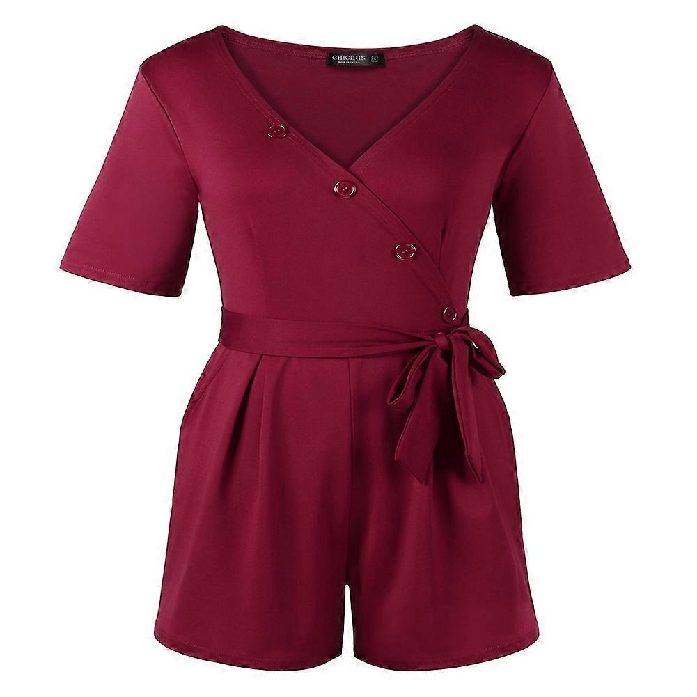 CHICIRIS Women's V Neck Casual Short Sleeve Button-Up Solid Ruffle Summer Wrap Jumpsuit Romper