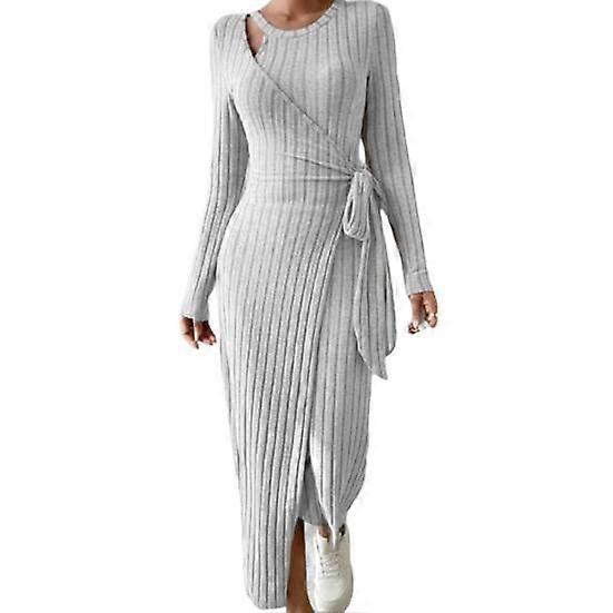 Women Fall Winter Dress Hollow Out Wrap Lace Up Waist Round Neck Irregular Hem Long Sleeve Solid Color Knitted Elastic Striped Lady Maxi Dress