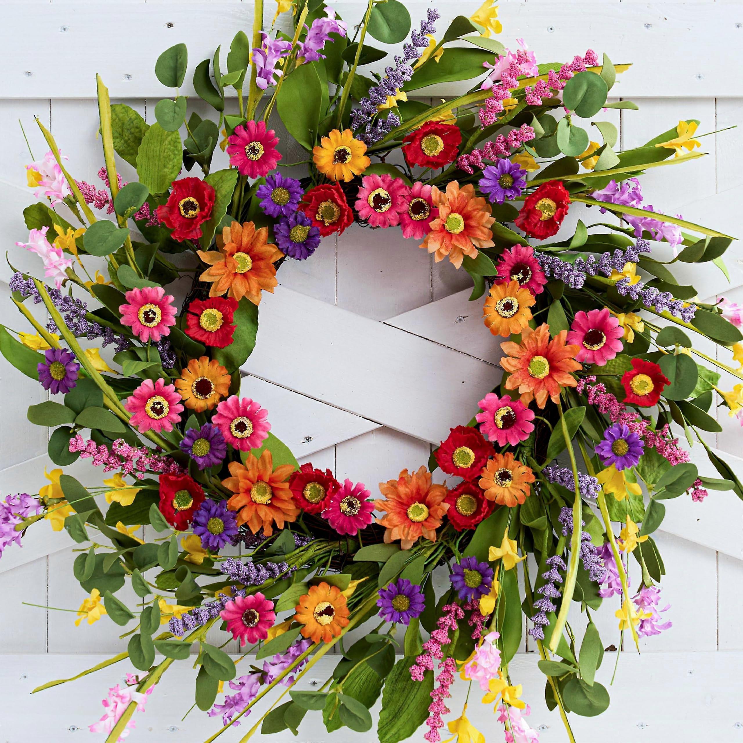 22" Spring wreath with eucalyptus and pink daisies for rustic decor