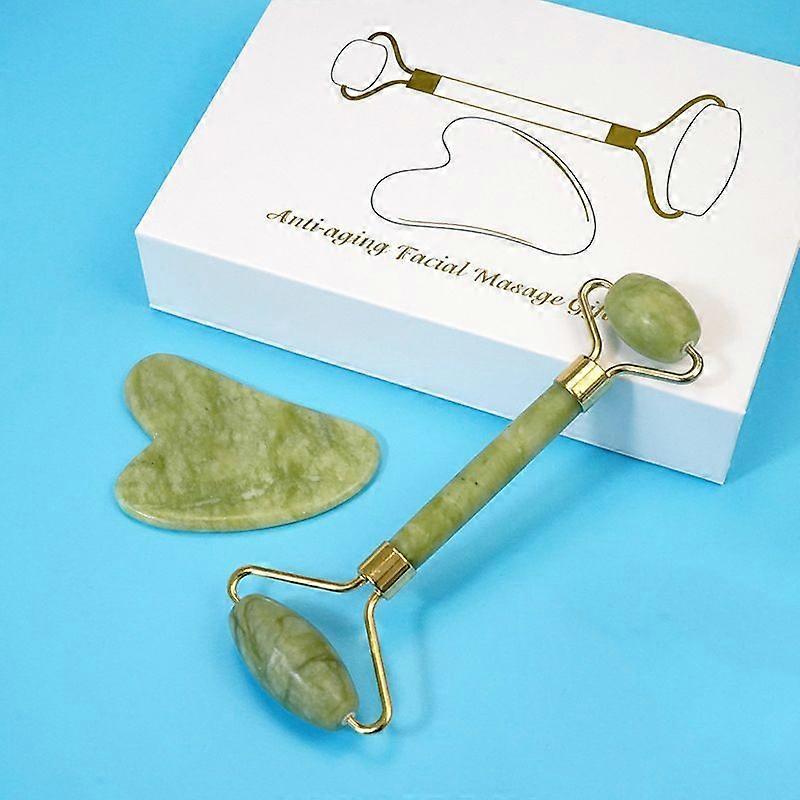 本物の翡翠石のオリジナル翡翠フェイスローラーとグアシャ - グアシャストーンとフェイスローラー - 目、首、若い肌のためのフェイシャルマッサージとリデュース