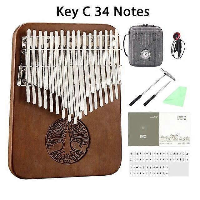 Hluru Professional Kalimba 34 Keys Black Walnut Tone Key B / C Thumb Piano 24 Keys Wooden Full Solid Kalimba No Sound Hole Mbira