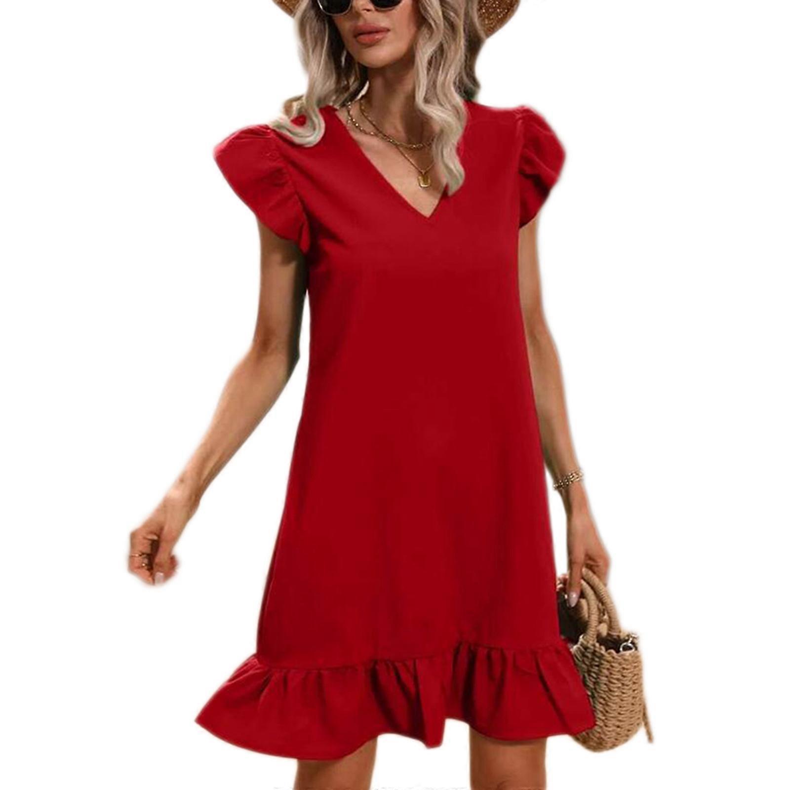 Lotus-Sleeves Solid Color Midi Skirts Elastic Ruffle Flowy Hem Elegant Formal Dresses V-Neck Casual Elastic Office Cloth Red XL