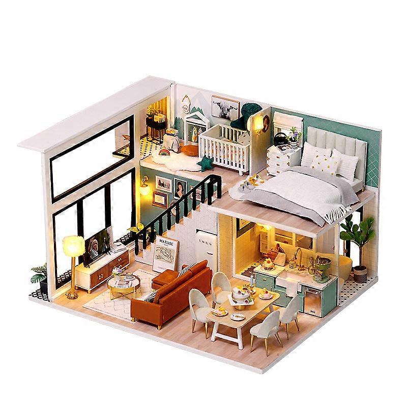 Diydollhouse μινιατούρα με έπιπλα Diy ξύλινο κιτ κουκλόσπιτου συν απόδειξη σκόνης και δημιουργική ιδέα δωματίου κίνησης μουσικής (άνετη ζωή)