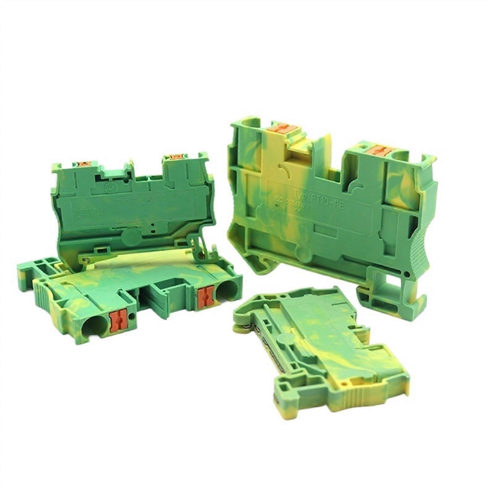 DIN Rail Terminal Blocks 10-Pack, Straight Spring Terminals, 800V-1000V, 31A-57A, PT Ground Connector, 20-7AWG