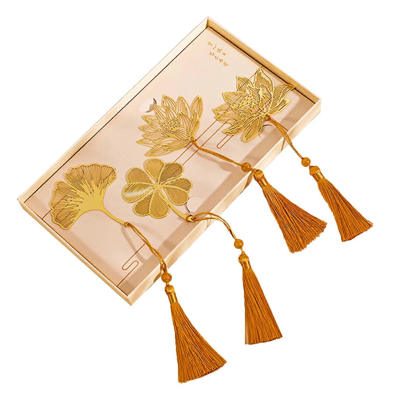 4Pcs Metal Leaf Bookmarks with Pendant, Classical Metal Bookmarks, Hollow Out Bookmarks Set Handmade Vintage Bookmarks