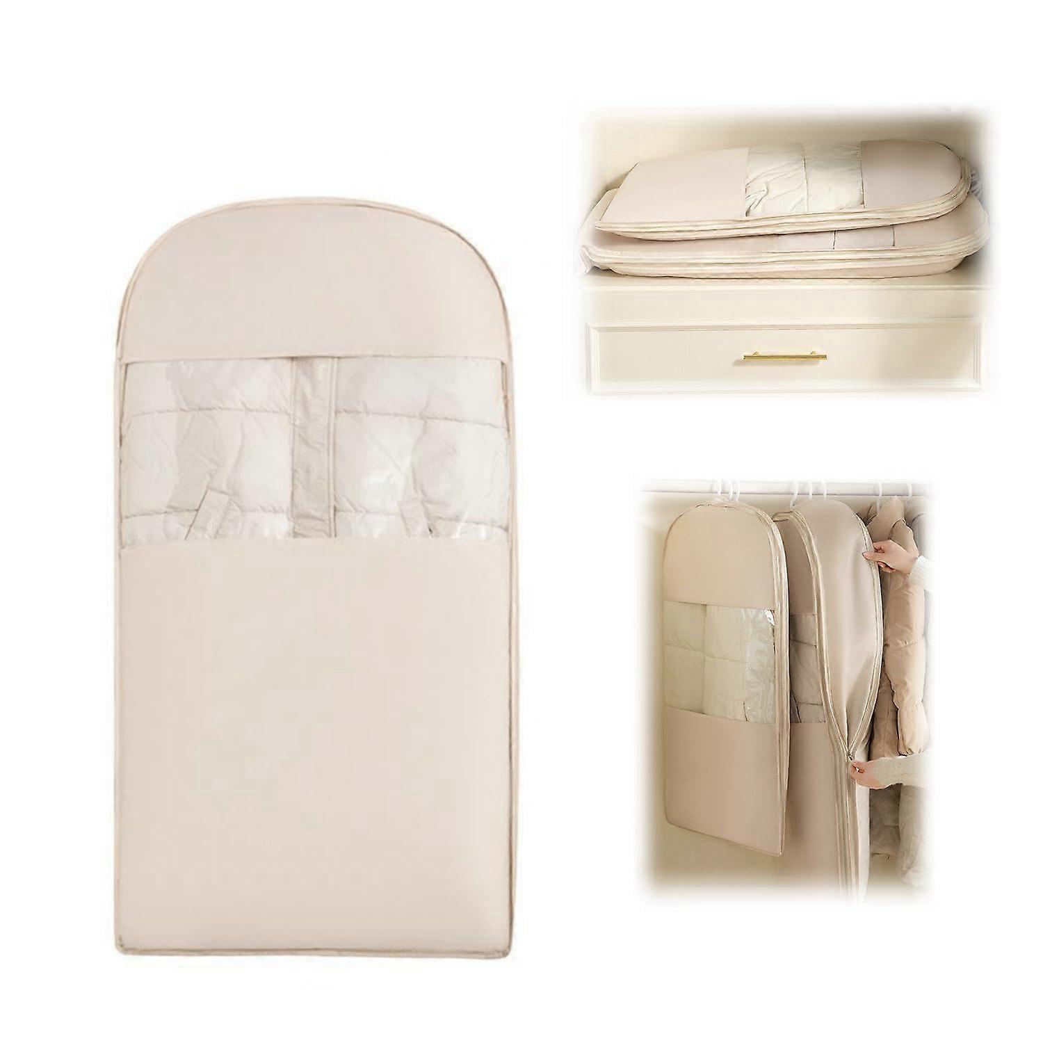 Space Saving Hanging Garment Bag L with Self Compression Space Zipper, Beige Clothes Storage Organizer for Travel