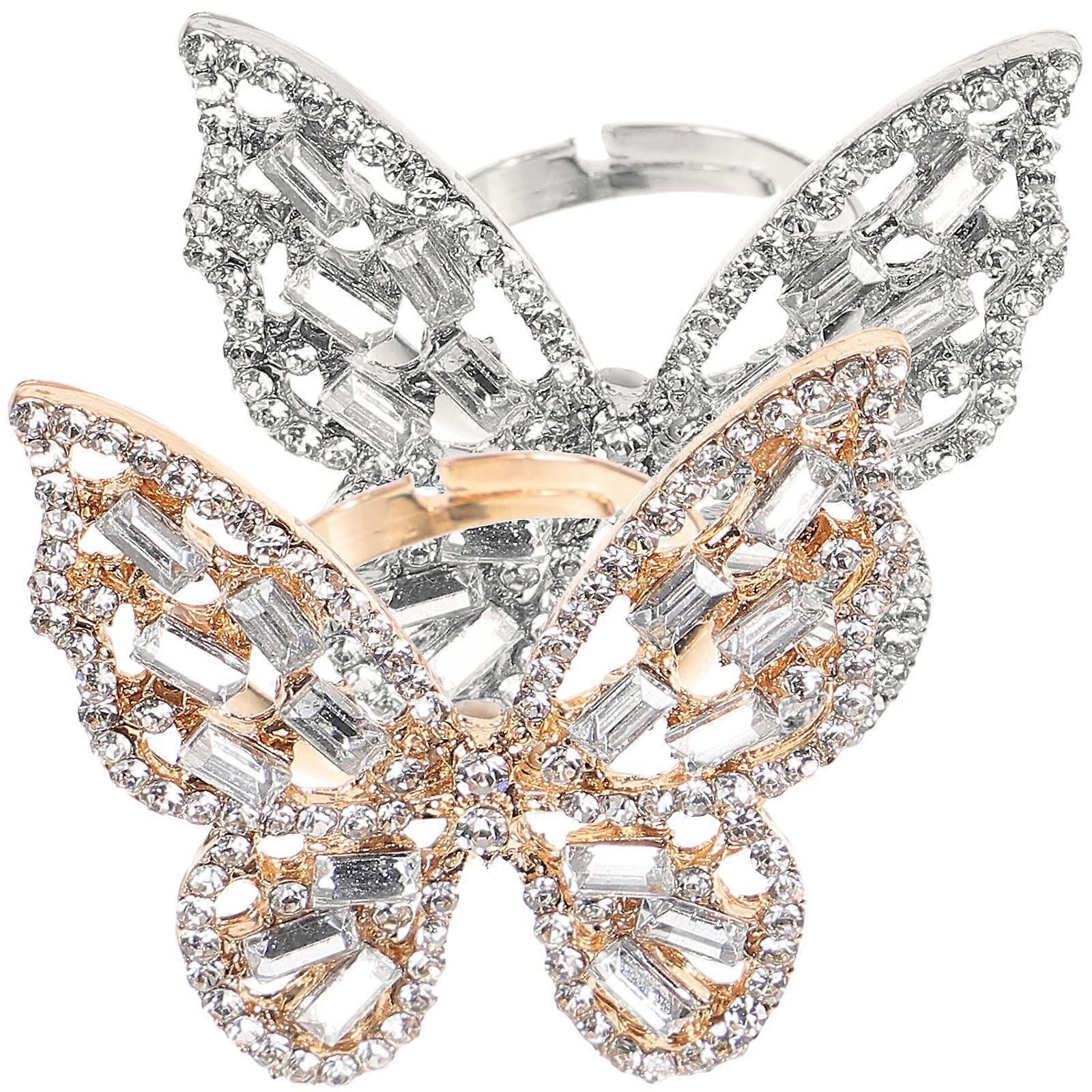 Enamel Butterfly Rings Women Rhinestone Butterflies Ring Decor Daily Wearing Classic Retro Style 2Pcs