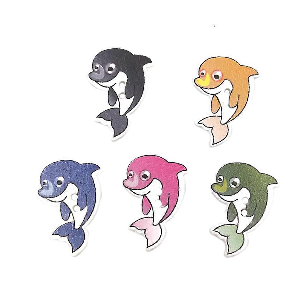 Painted Wood Buttons Diy Wooden Buttons Mixed Color Cartoon Dolphin Printing Pattern Two Holes Fine-Edged For Craft Projects Artists 50 Pcs