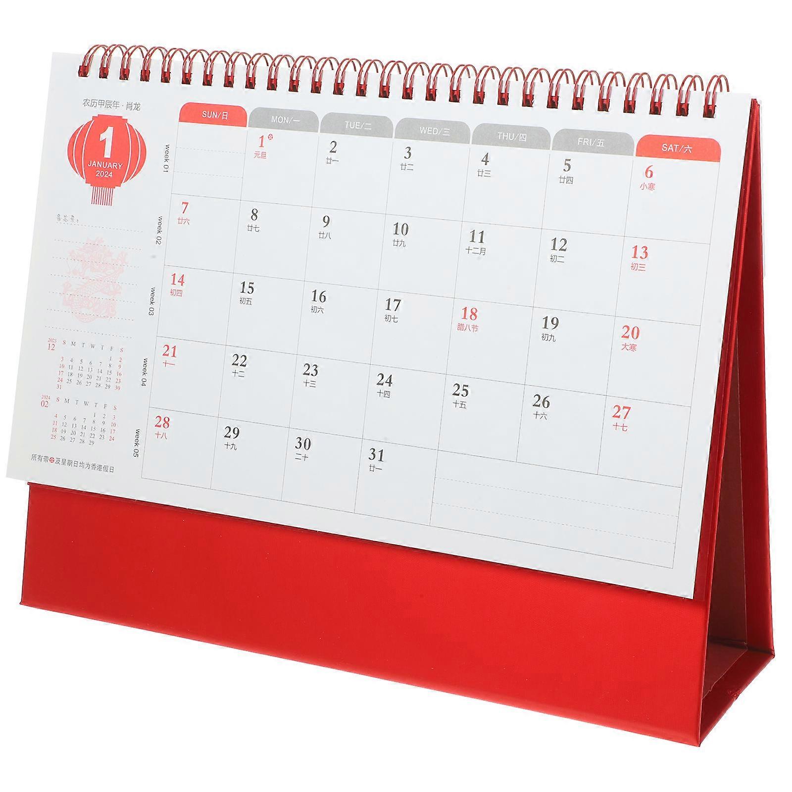 Decorative Monthly Calendar Chinese 2024 Red 25.5x20cm Event Scheduling 1Pcs