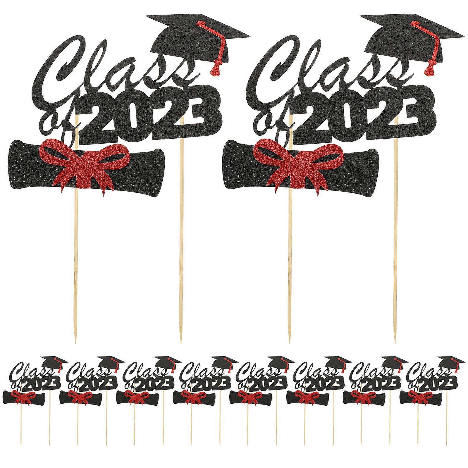 Graduation Cake Decorations 2023 Black Paper Cupcake Toppers for Party Decor Bamboo Material