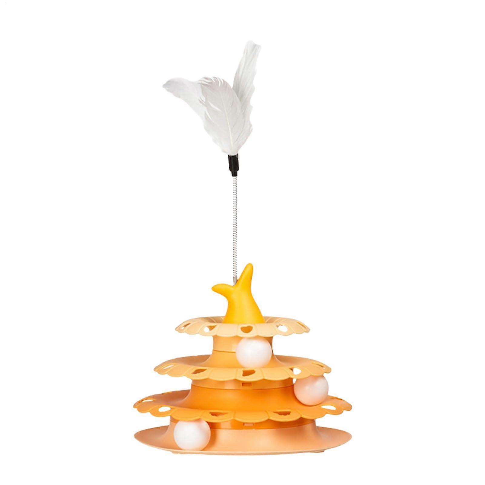 Interactive cat feather toy, fun pet spinning turntable with teaser stick, interactive track ball tower for hunting, training, indoor play, yellow