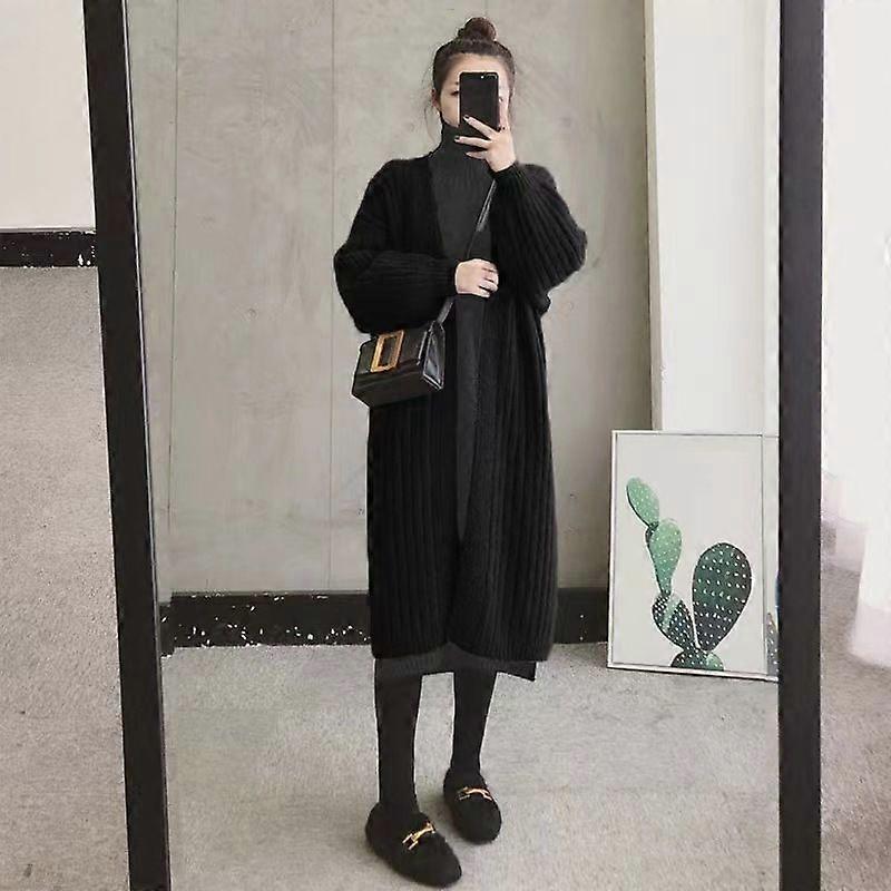 Autumn Knitted Solid Color Overknee Long Sweater Cardigan Women Commute Style Outer Buckle Sunken Stripe Easy Matching Coat