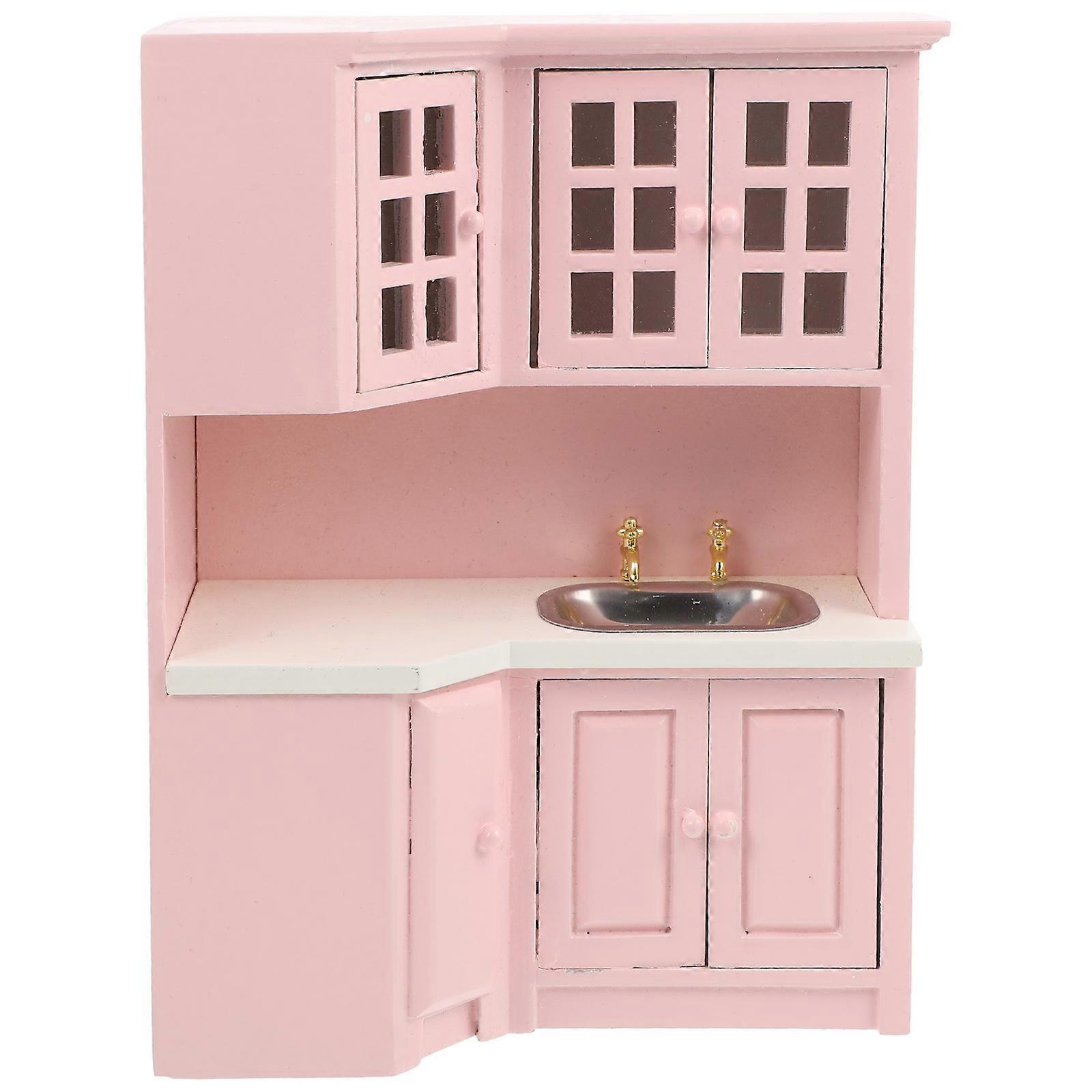 Mini Wooden Sink Counter Decor 2Pcs Doll House Ornament Simple Style Pink Rectangular Home Decoration