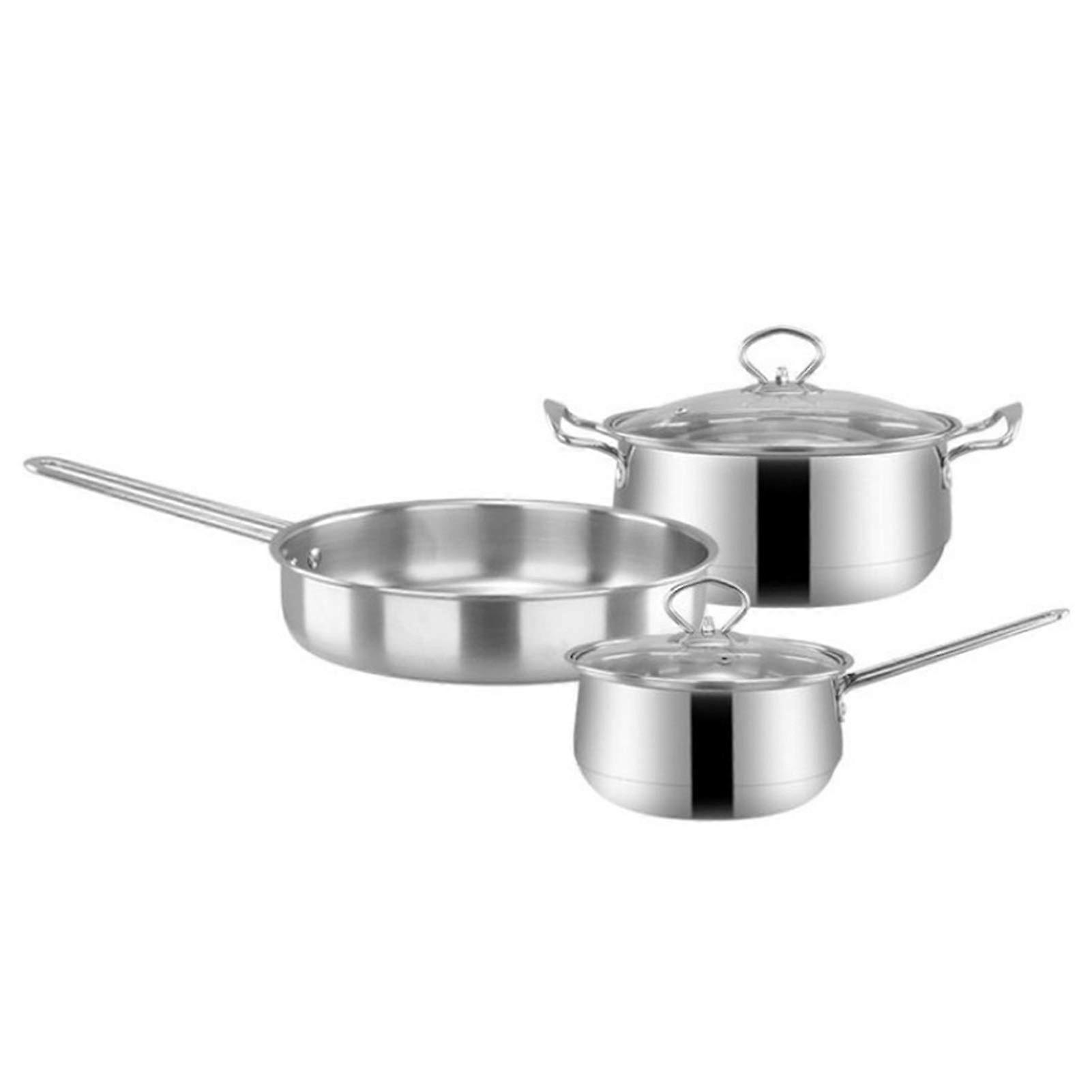 3pcs/Set Stainless Steel Cookware Set Flat Bottom Frying Pan Soup Pot Milk Pot Kit Induction Cooker Cooking Pan for Home